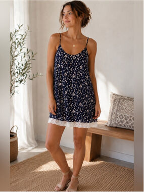 Make + Model Navy Floral Lace-Trim Cami Slip Dress Size S Boho Cottagecore